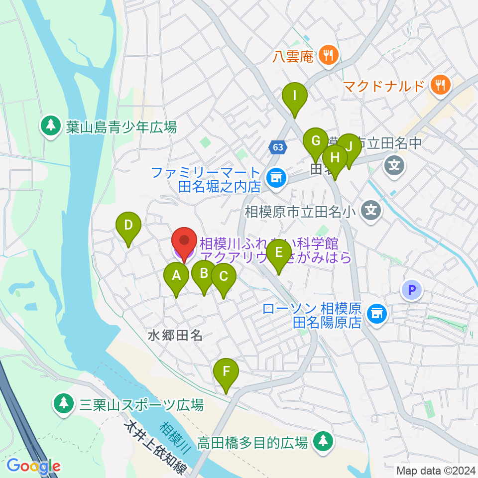 相模川ふれあい科学館 アクアリウムさがみはら周辺のファミレス・ファーストフード一覧地図