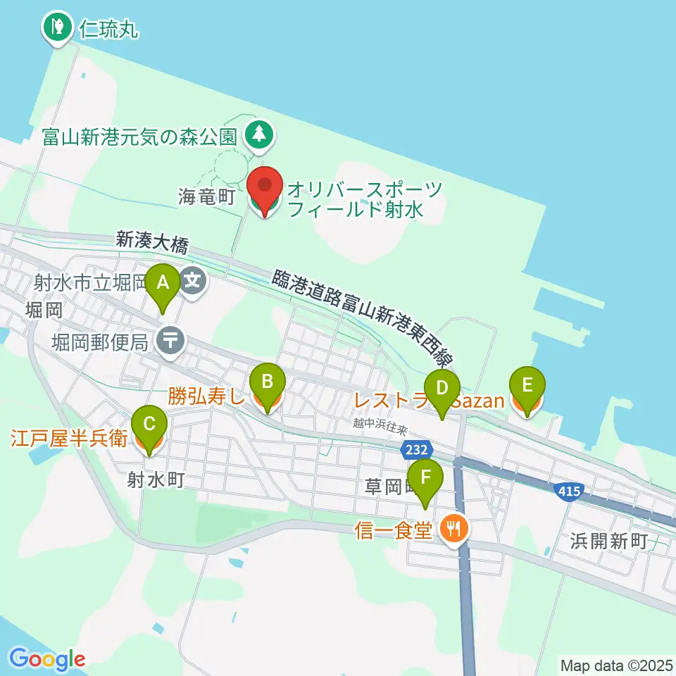 オリバースポーツフィールド射水周辺のファミレス・ファーストフード一覧地図