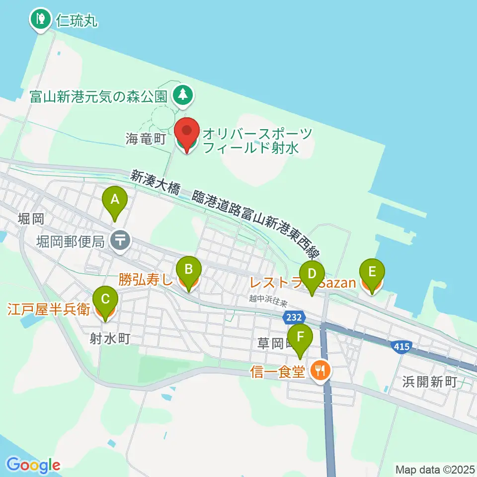 オリバースポーツフィールド射水周辺のファミレス・ファーストフード一覧地図