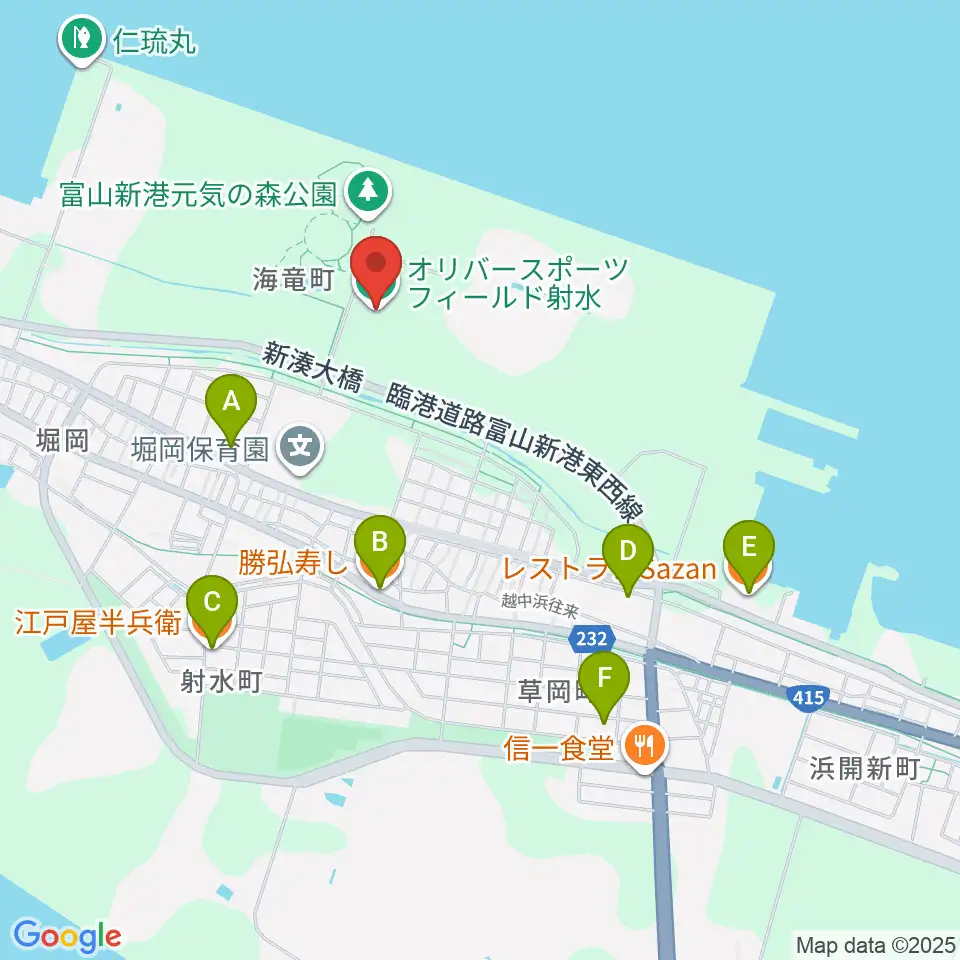 オリバースポーツフィールド射水周辺のファミレス・ファーストフード一覧地図