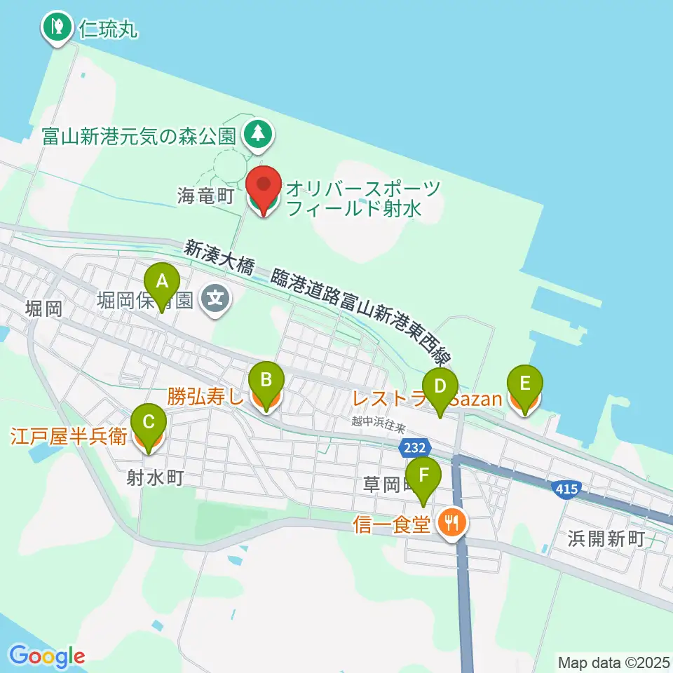 オリバースポーツフィールド射水周辺のファミレス・ファーストフード一覧地図