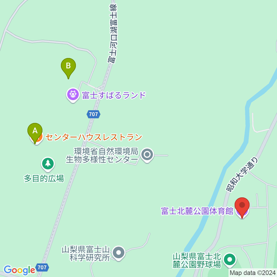 富士北麓公園体育館周辺のファミレス・ファーストフード一覧地図