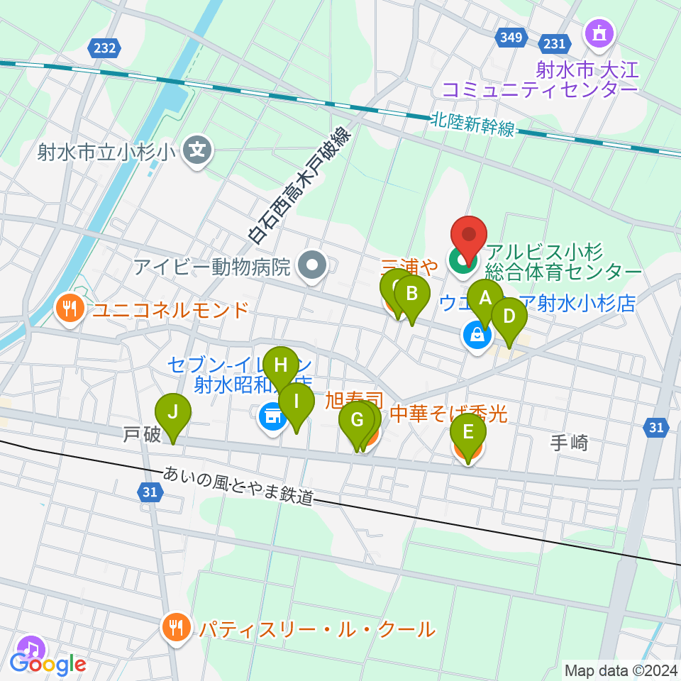 アルビス小杉総合体育センター周辺のファミレス・ファーストフード一覧地図