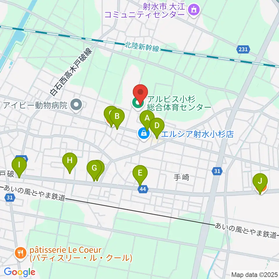アルビス小杉総合体育センター周辺のファミレス・ファーストフード一覧地図