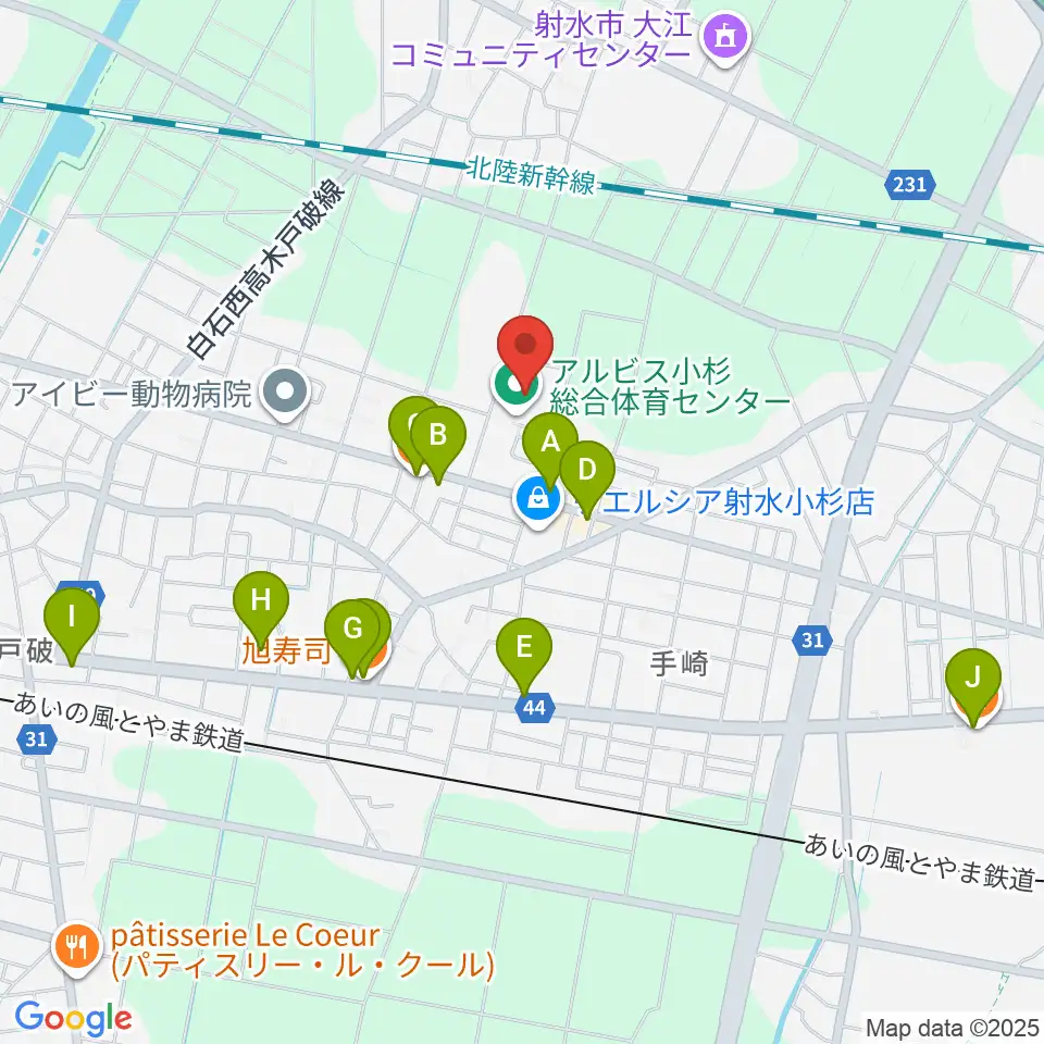 アルビス小杉総合体育センター周辺のファミレス・ファーストフード一覧地図