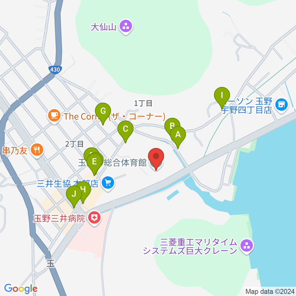 玉野市総合体育館周辺のファミレス・ファーストフード一覧地図