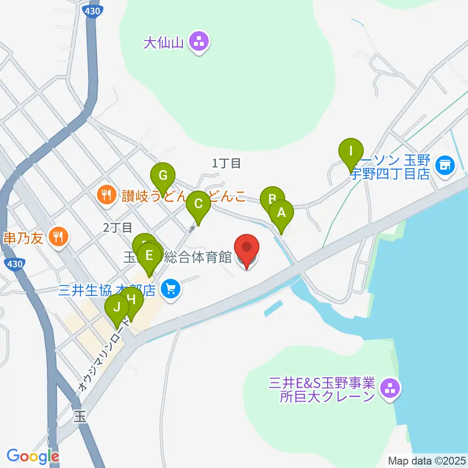 玉野市総合体育館周辺のファミレス・ファーストフード一覧地図