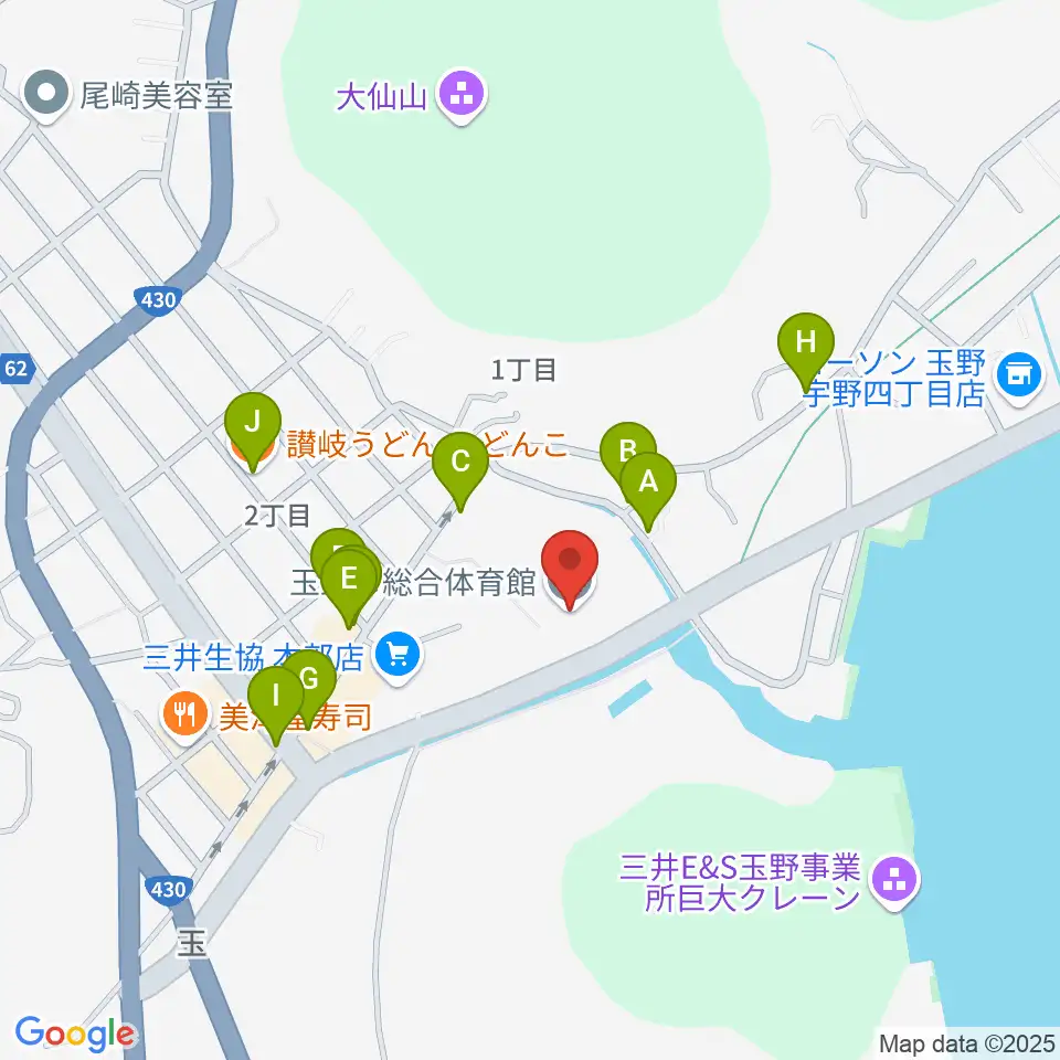 玉野市総合体育館周辺のファミレス・ファーストフード一覧地図