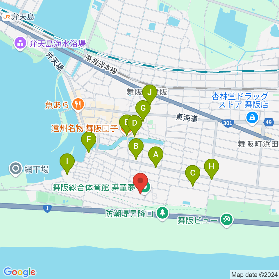 浜松市舞阪総合体育館周辺のファミレス・ファーストフード一覧地図