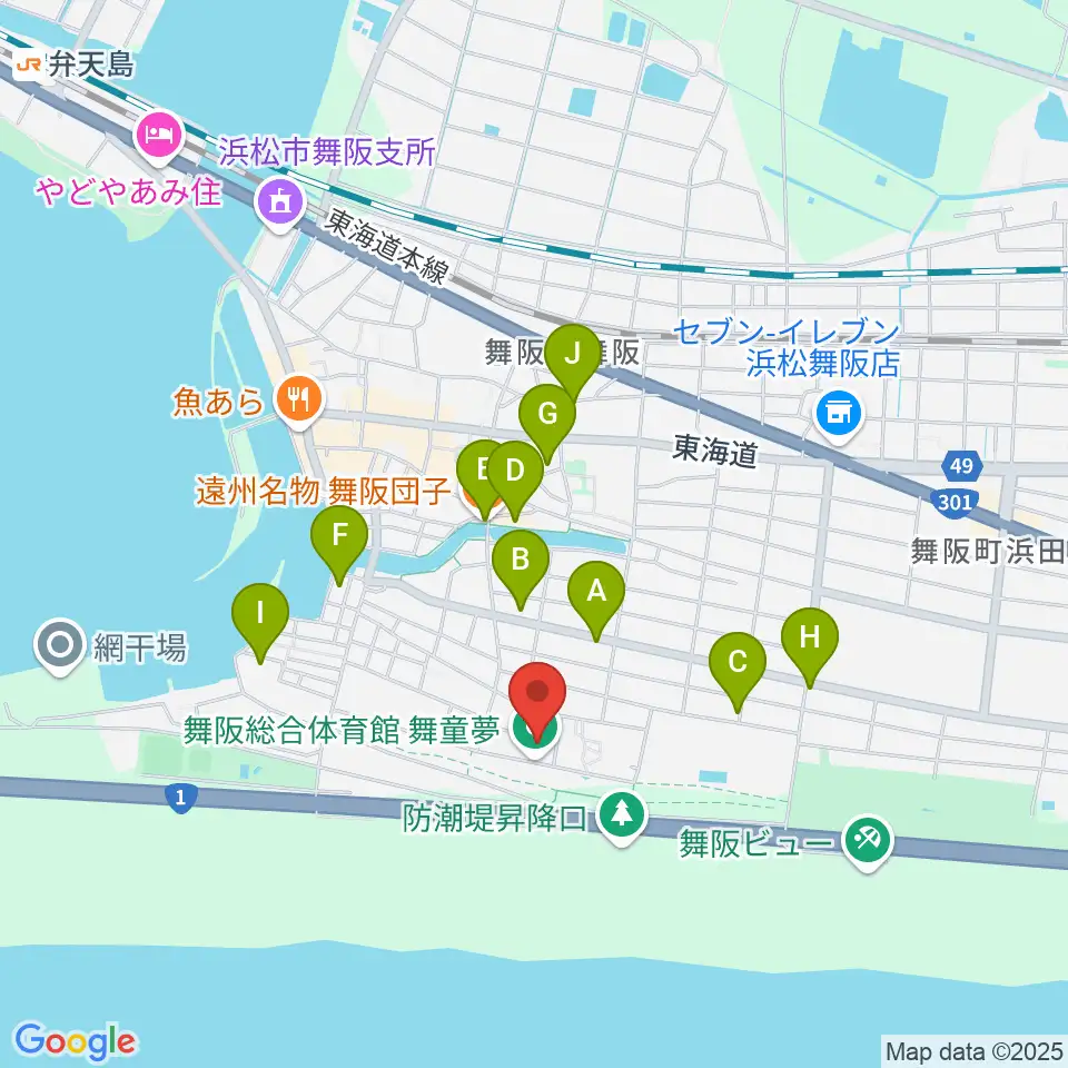 浜松市舞阪総合体育館周辺のファミレス・ファーストフード一覧地図