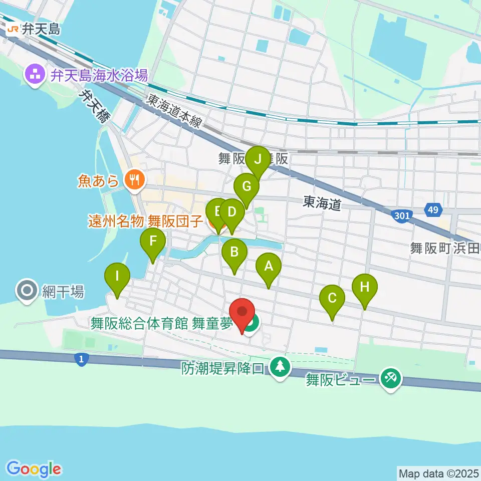浜松市舞阪総合体育館周辺のファミレス・ファーストフード一覧地図
