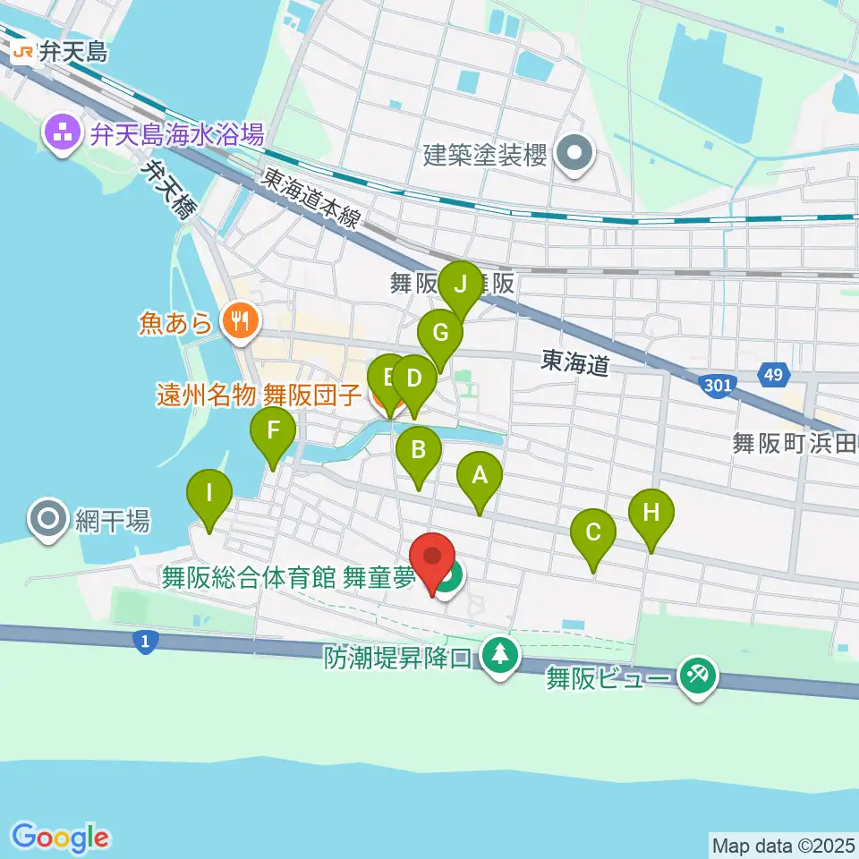 浜松市舞阪総合体育館周辺のファミレス・ファーストフード一覧地図