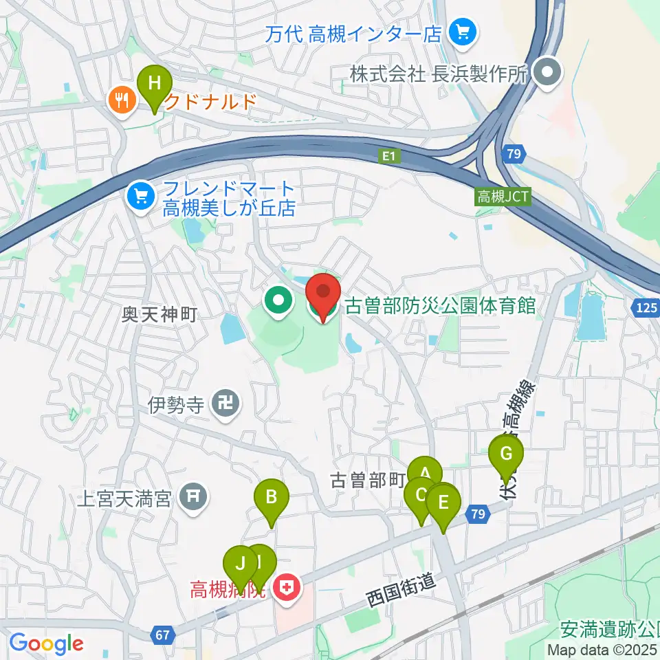 古曽部防災公園体育館周辺のファミレス・ファーストフード一覧地図