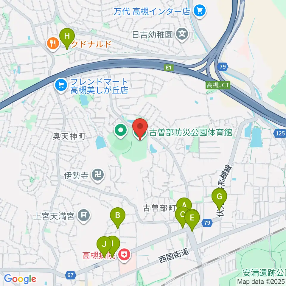 古曽部防災公園体育館周辺のファミレス・ファーストフード一覧地図