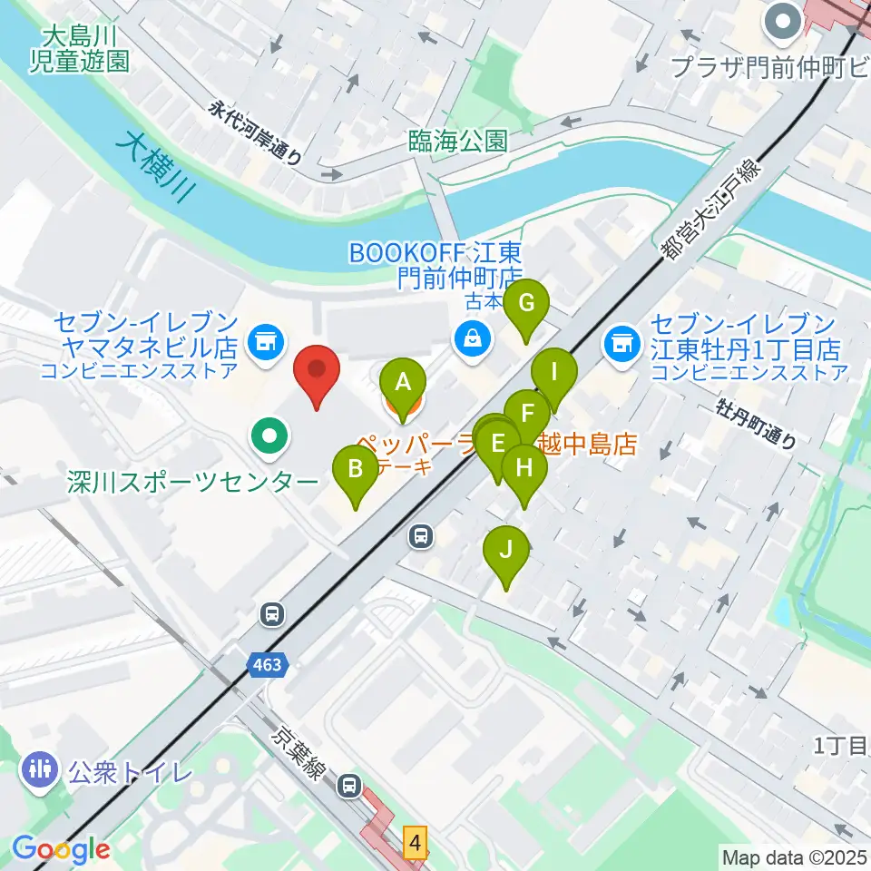 深川スポーツセンター周辺のファミレス・ファーストフード一覧地図