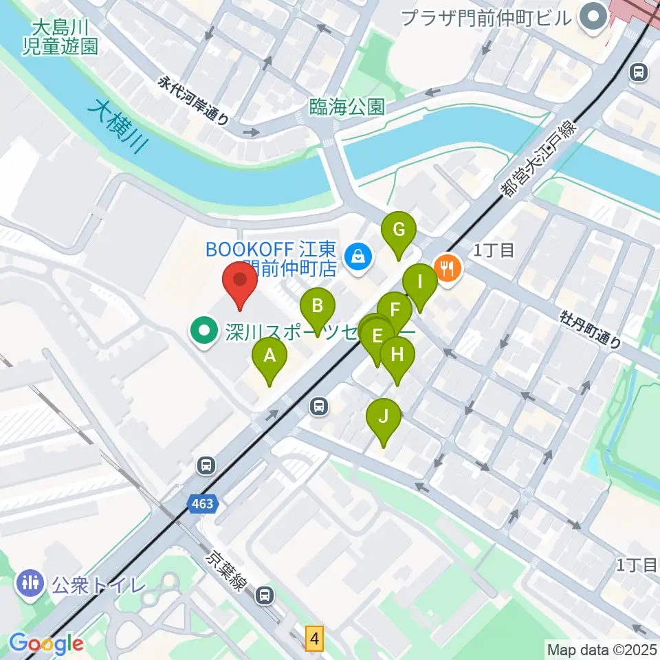 深川スポーツセンター周辺のファミレス・ファーストフード一覧地図