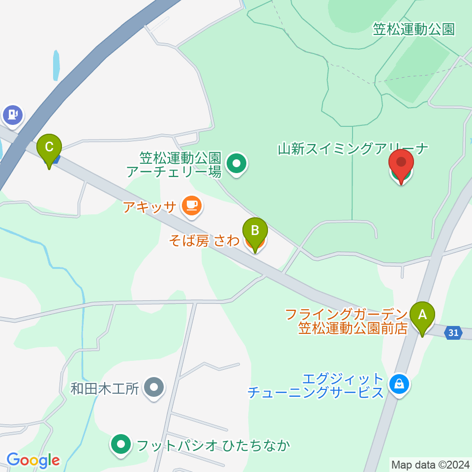 山新スイミングアリーナ周辺のファミレス・ファーストフード一覧地図