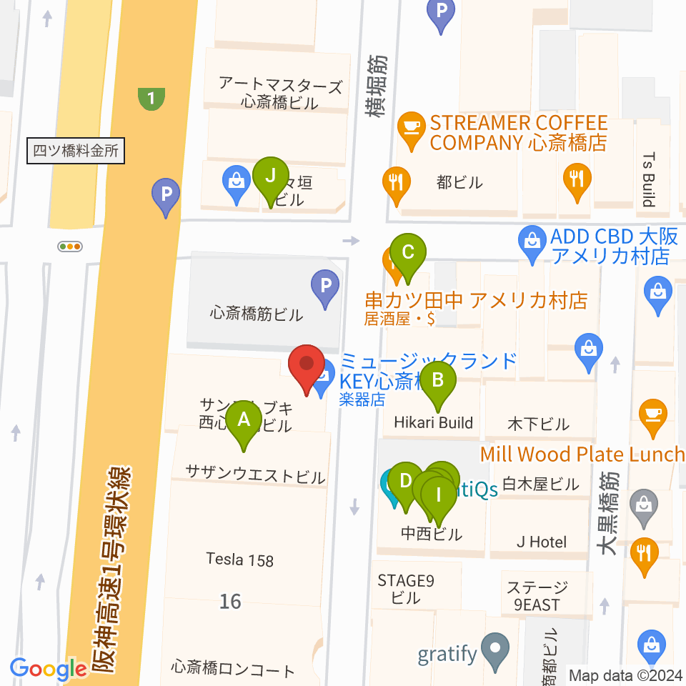 ミュージックランドKEY心斎橋店周辺のファミレス・ファーストフード一覧地図