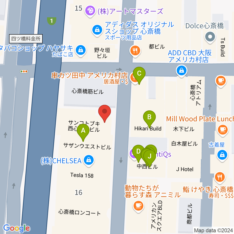 ミュージックランドKEY心斎橋店周辺のファミレス・ファーストフード一覧地図