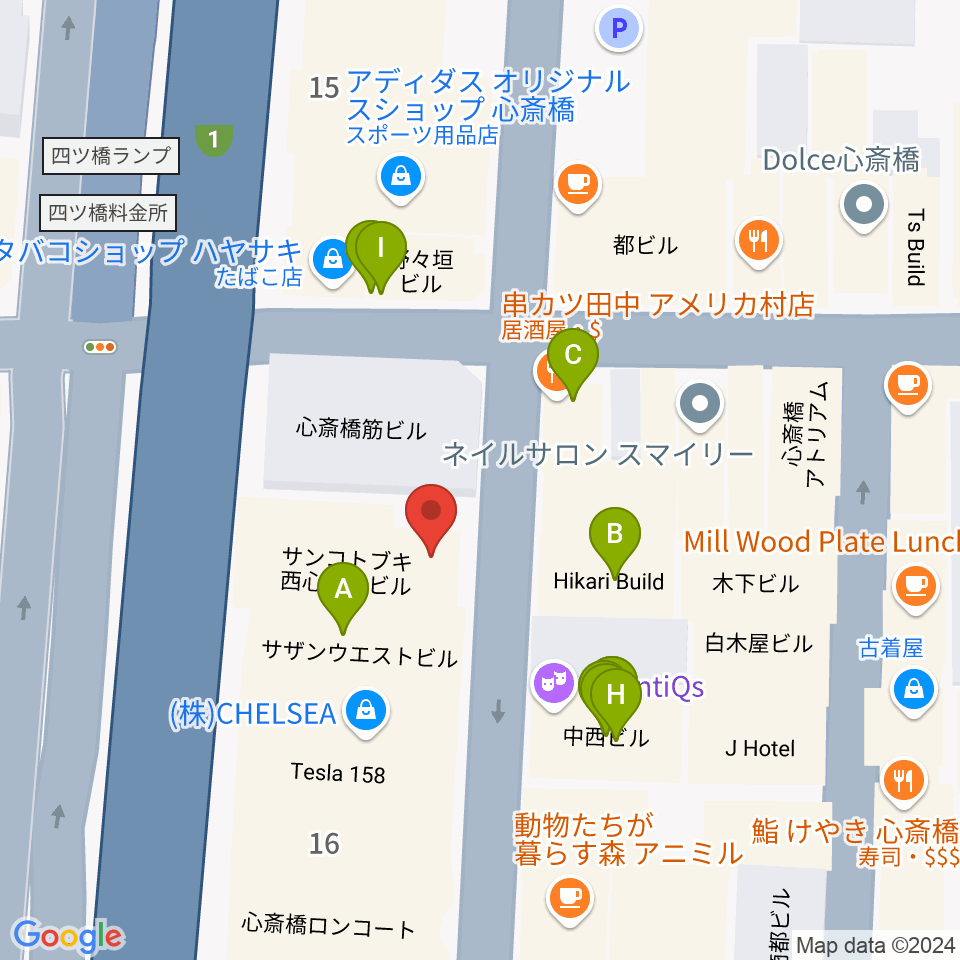 ミュージックランドKEY心斎橋店周辺のファミレス・ファーストフード一覧地図