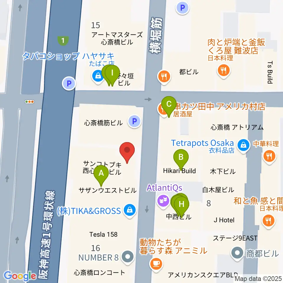 ミュージックランドKEY心斎橋店周辺のファミレス・ファーストフード一覧地図