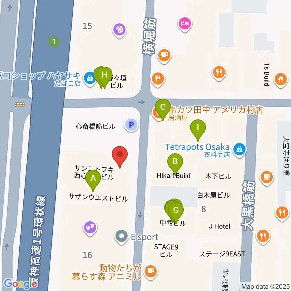 ミュージックランドKEY心斎橋店周辺のファミレス・ファーストフード一覧地図