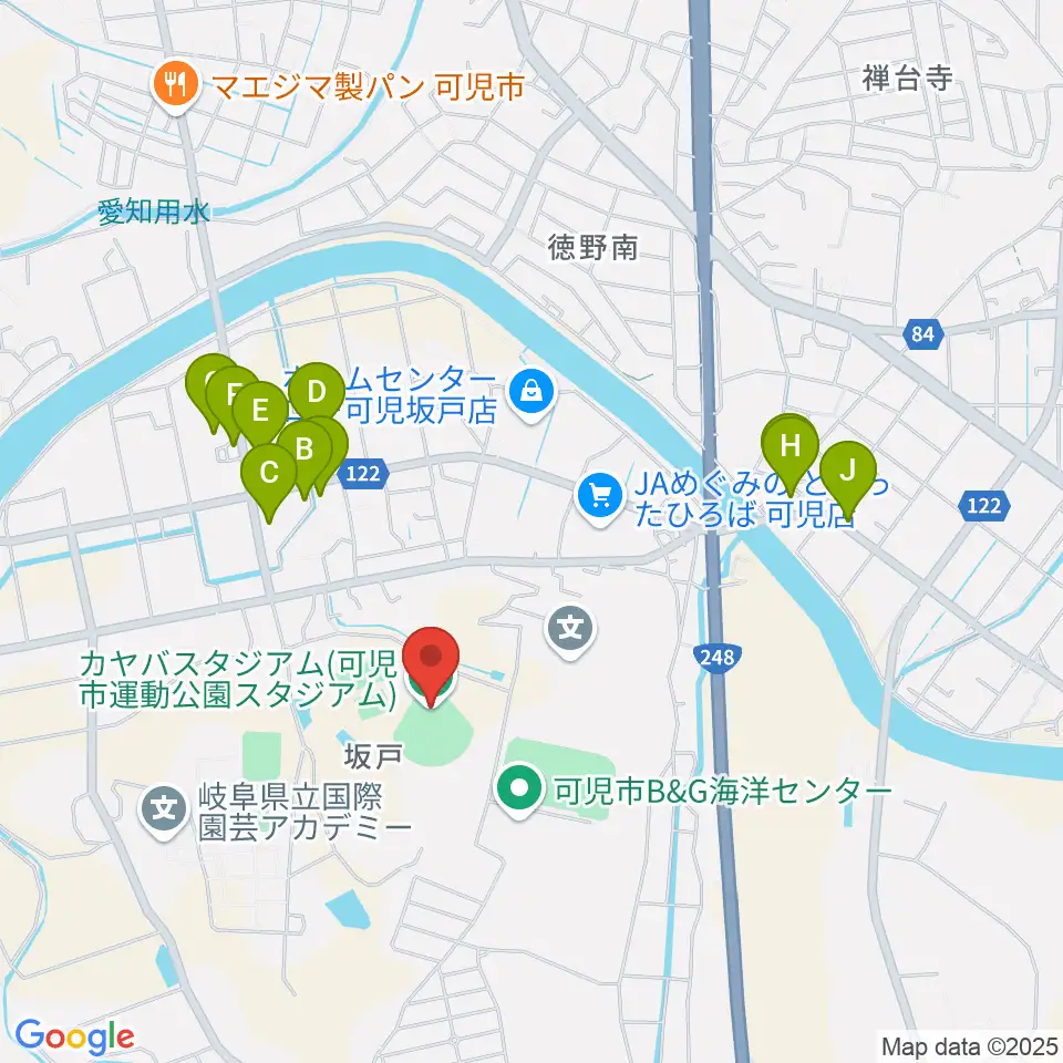 カヤバスタジアム周辺のファミレス・ファーストフード一覧地図