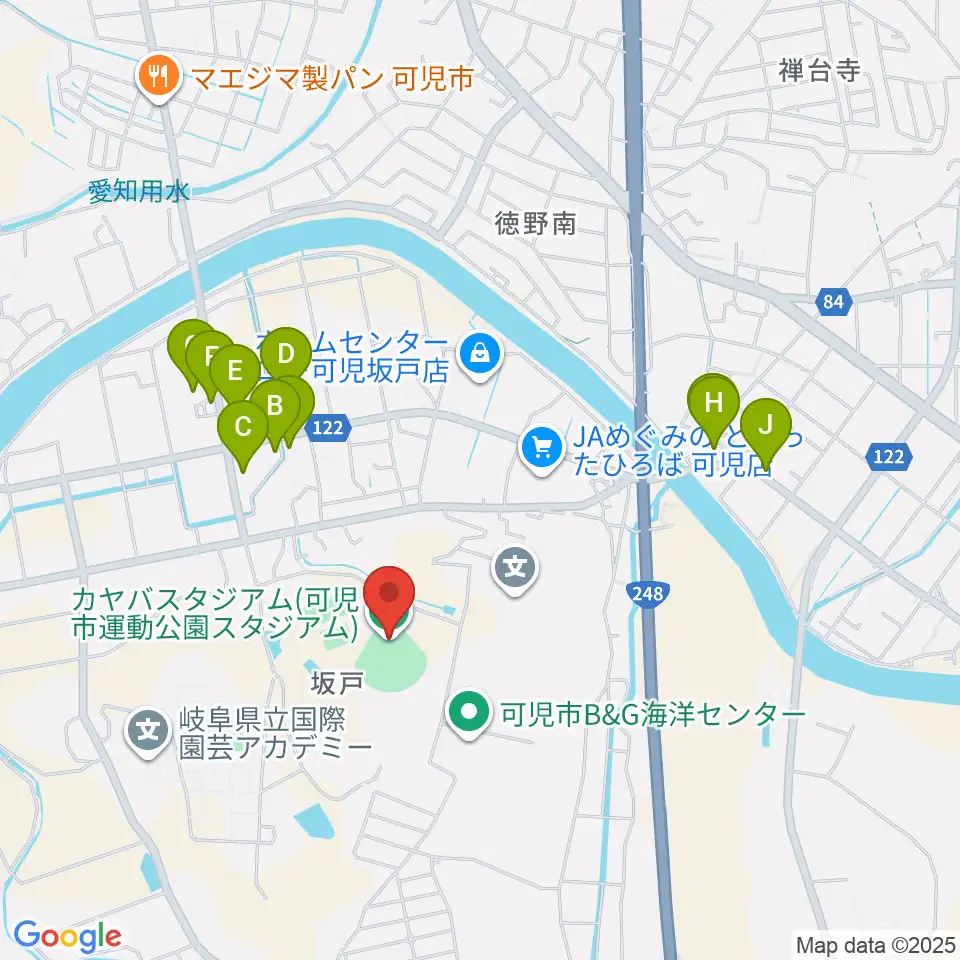 カヤバスタジアム周辺のファミレス・ファーストフード一覧地図
