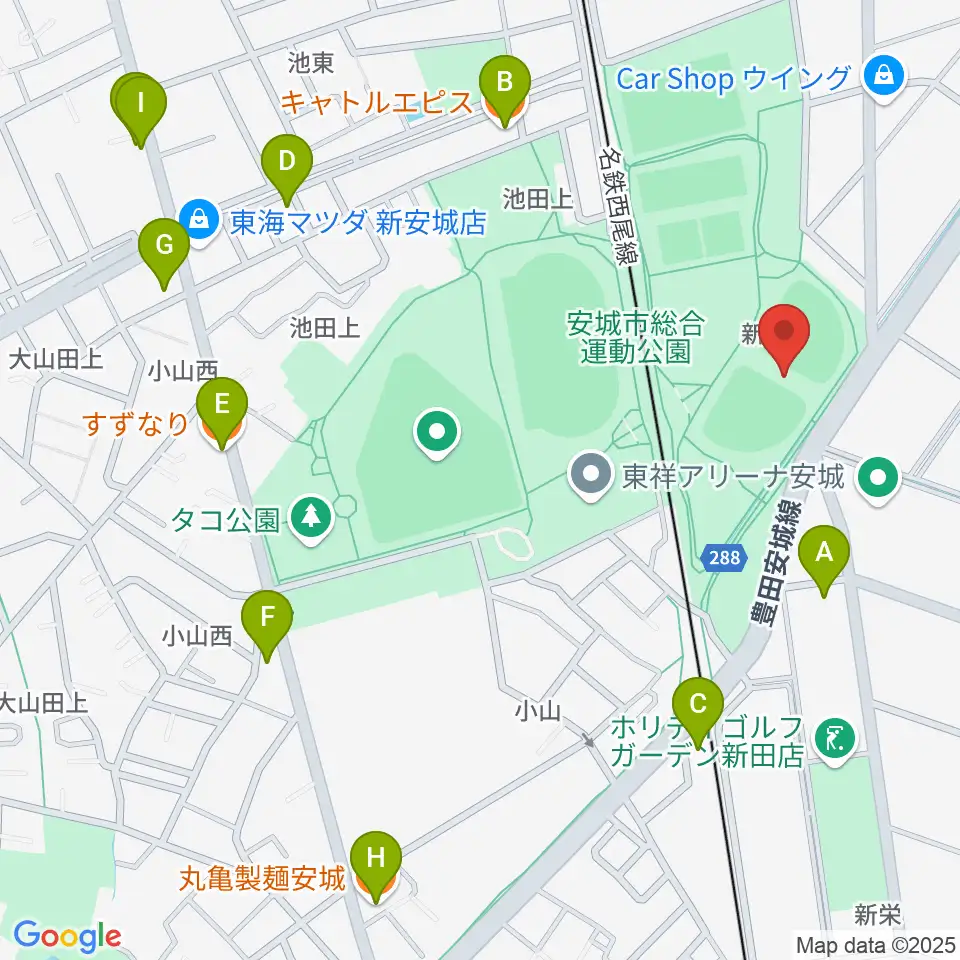 デンソーブライトペガサススタジアム周辺のファミレス・ファーストフード一覧地図