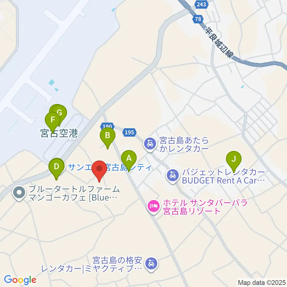JTAドーム宮古島周辺のファミレス・ファーストフード一覧地図