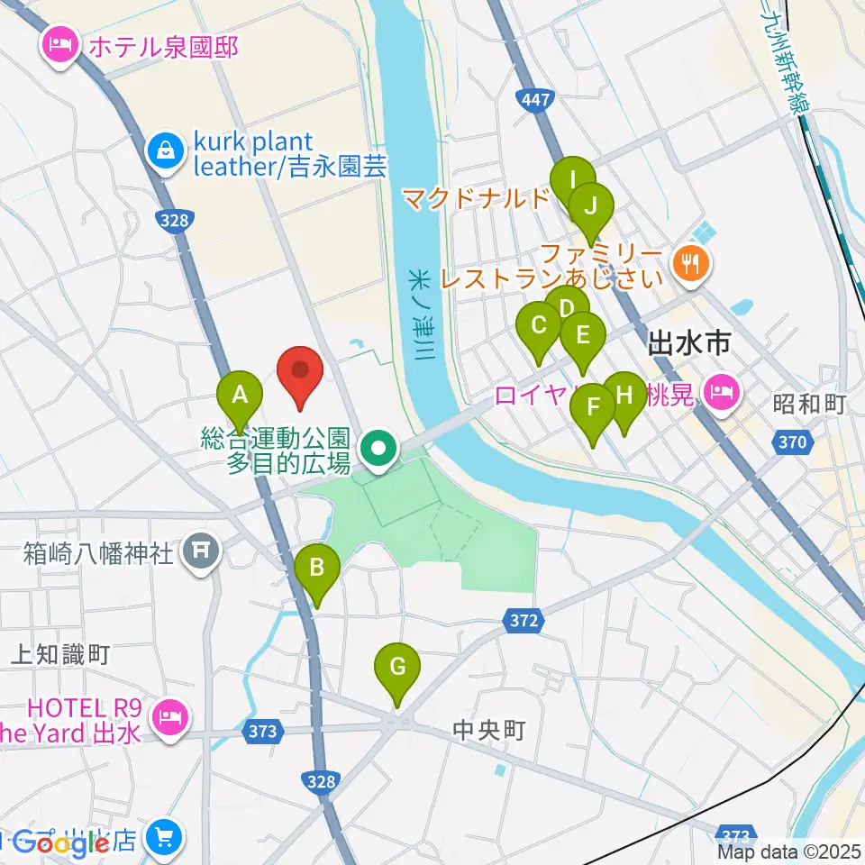 マルマエスタジアム出水周辺のファミレス・ファーストフード一覧地図