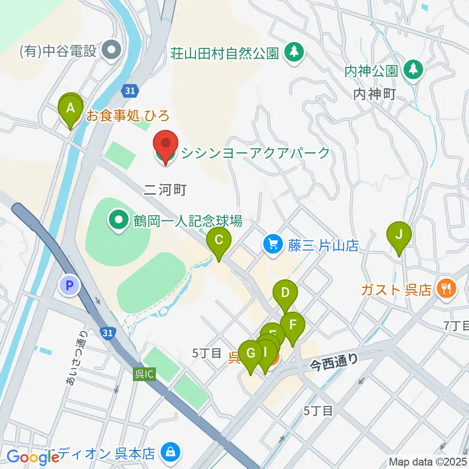 シシンヨーアクアパーク周辺のファミレス・ファーストフード一覧地図