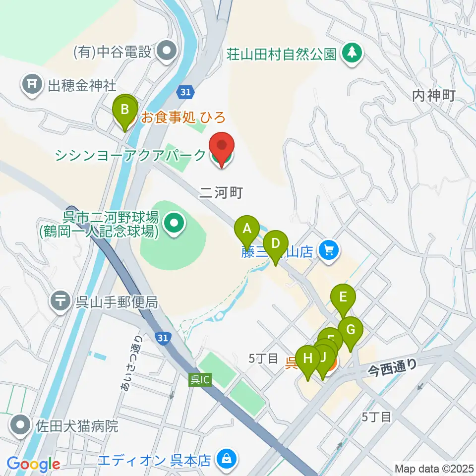 シシンヨーアクアパーク周辺のファミレス・ファーストフード一覧地図