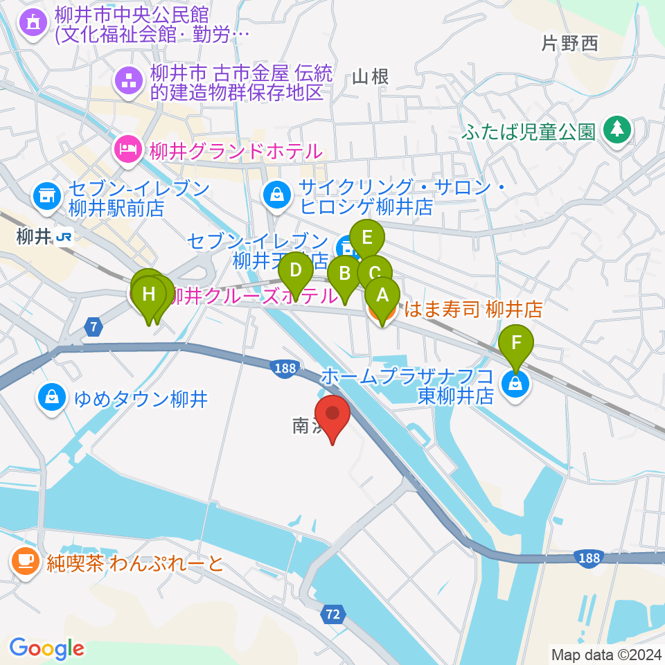 ビジコム柳井スタジアム周辺のファミレス・ファーストフード一覧地図