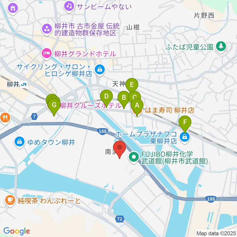 ビジコム柳井スタジアム周辺のファミレス・ファーストフード一覧地図