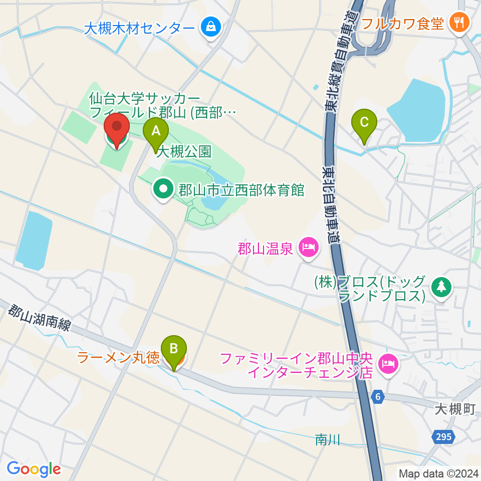 仙台大学サッカーフィールド郡山周辺のファミレス・ファーストフード一覧地図