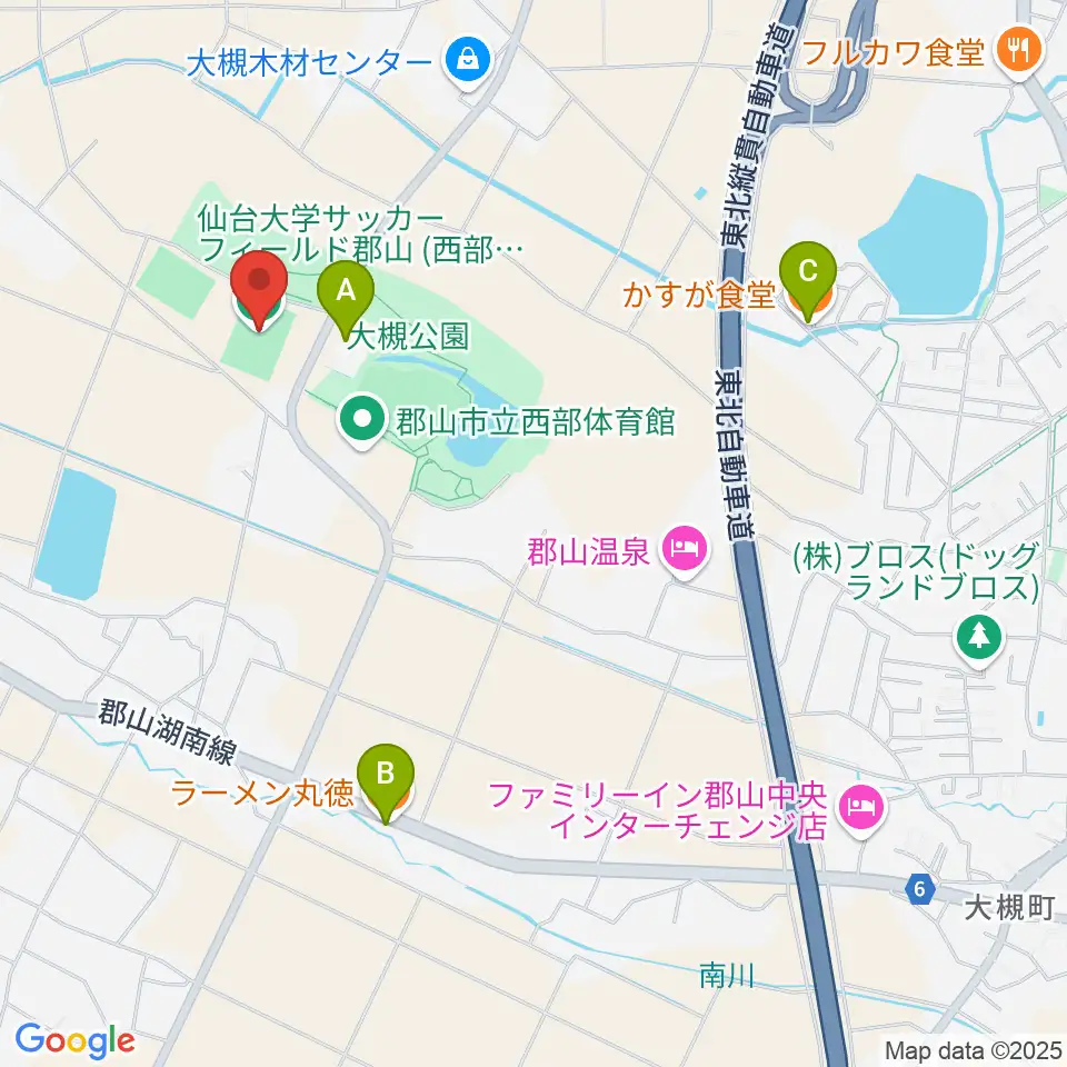仙台大学サッカーフィールド郡山周辺のファミレス・ファーストフード一覧地図