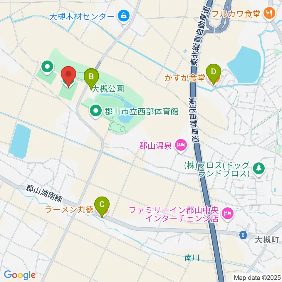 仙台大学サッカーフィールド郡山周辺のファミレス・ファーストフード一覧地図