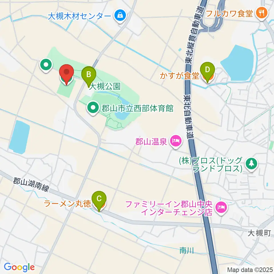 仙台大学サッカーフィールド郡山周辺のファミレス・ファーストフード一覧地図