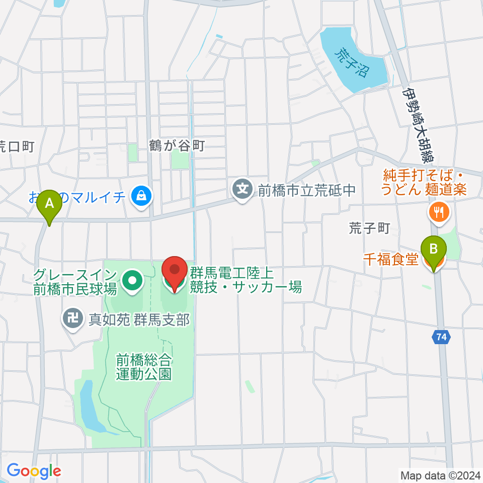 群馬電工陸上競技・サッカー場周辺のファミレス・ファーストフード一覧地図