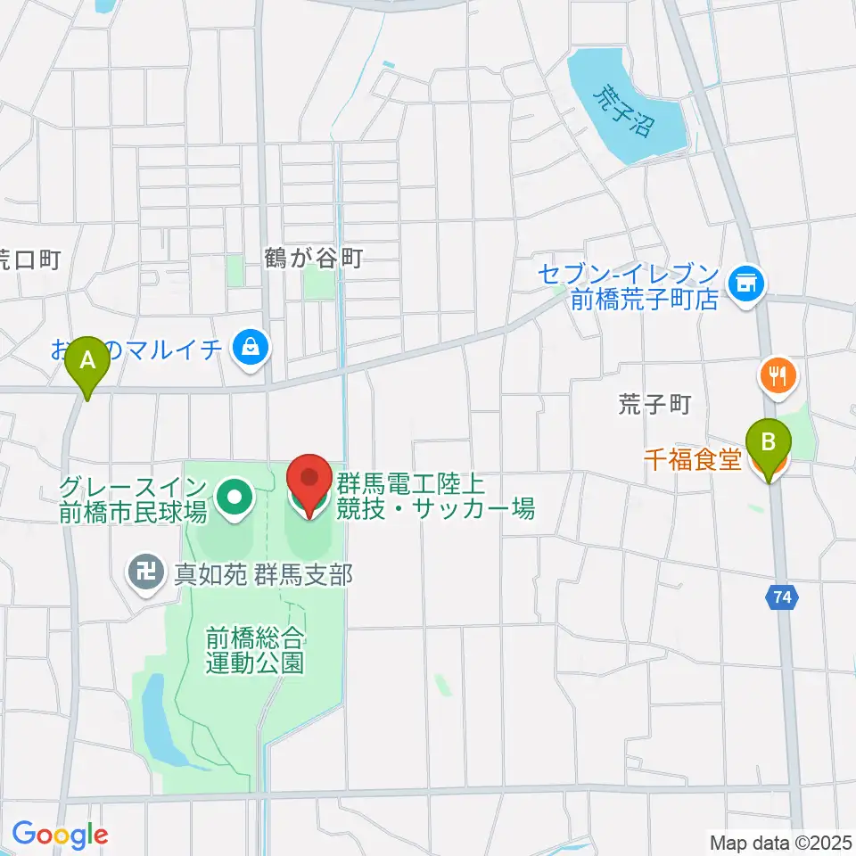 群馬電工陸上競技・サッカー場周辺のファミレス・ファーストフード一覧地図
