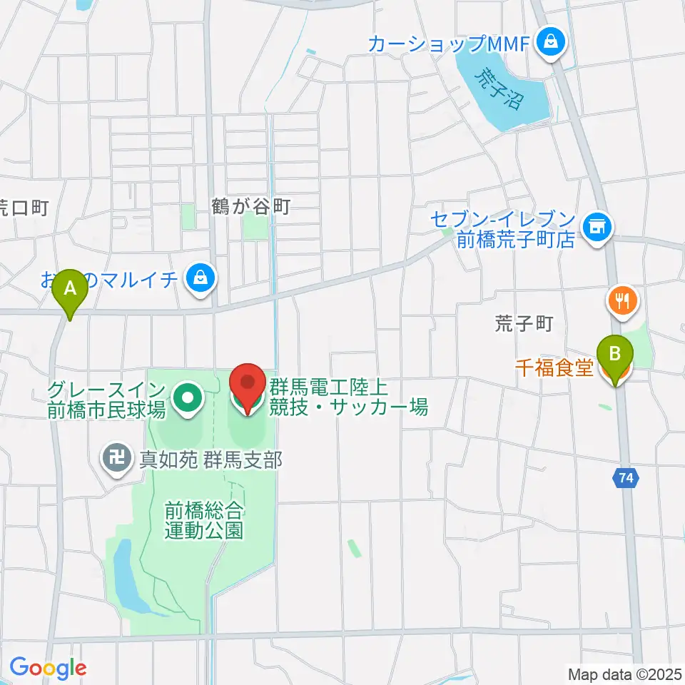 群馬電工陸上競技・サッカー場周辺のファミレス・ファーストフード一覧地図