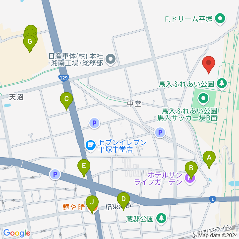 ひらつかサン・ライフアリーナ周辺のファミレス・ファーストフード一覧地図