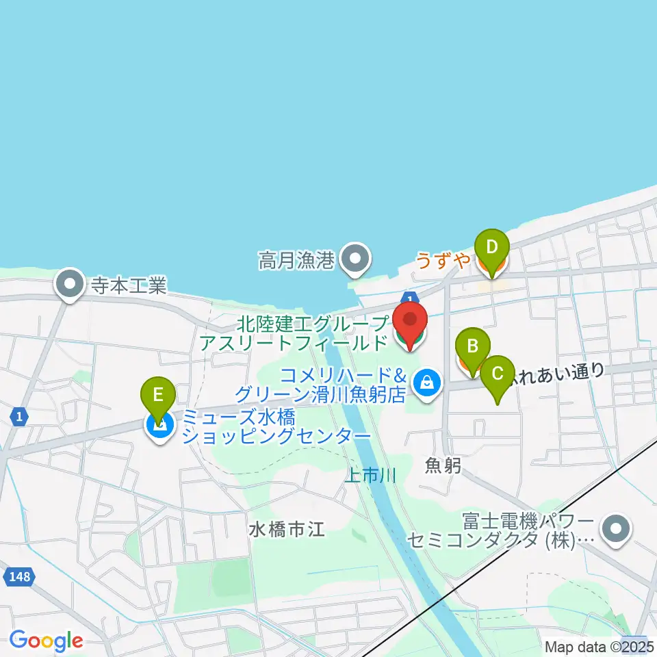 北陸建工グループ アスリートフィールド周辺のファミレス・ファーストフード一覧地図