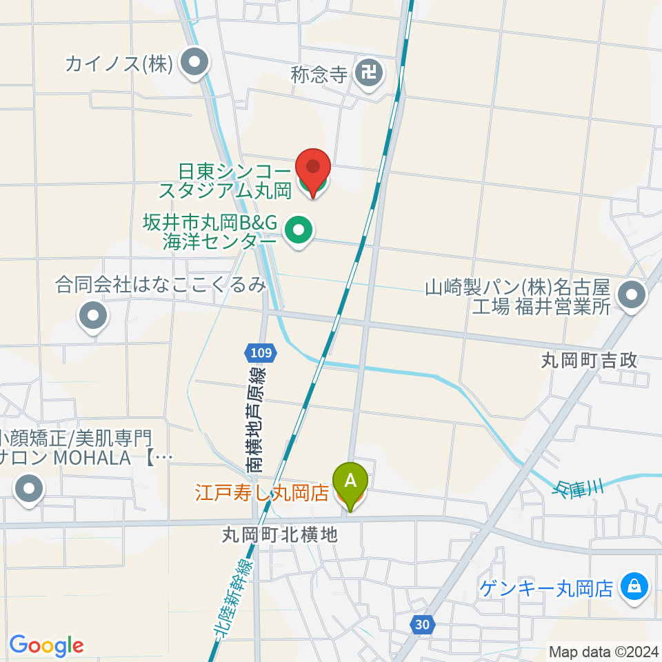 日東シンコースタジアム丸岡サッカー場周辺のファミレス・ファーストフード一覧地図