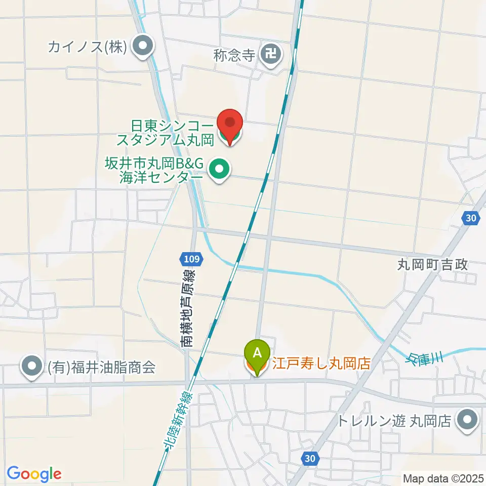 日東シンコースタジアム丸岡サッカー場周辺のファミレス・ファーストフード一覧地図