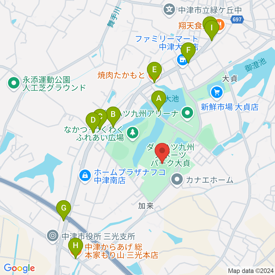 ダイハツ九州スタジアム周辺のファミレス・ファーストフード一覧地図