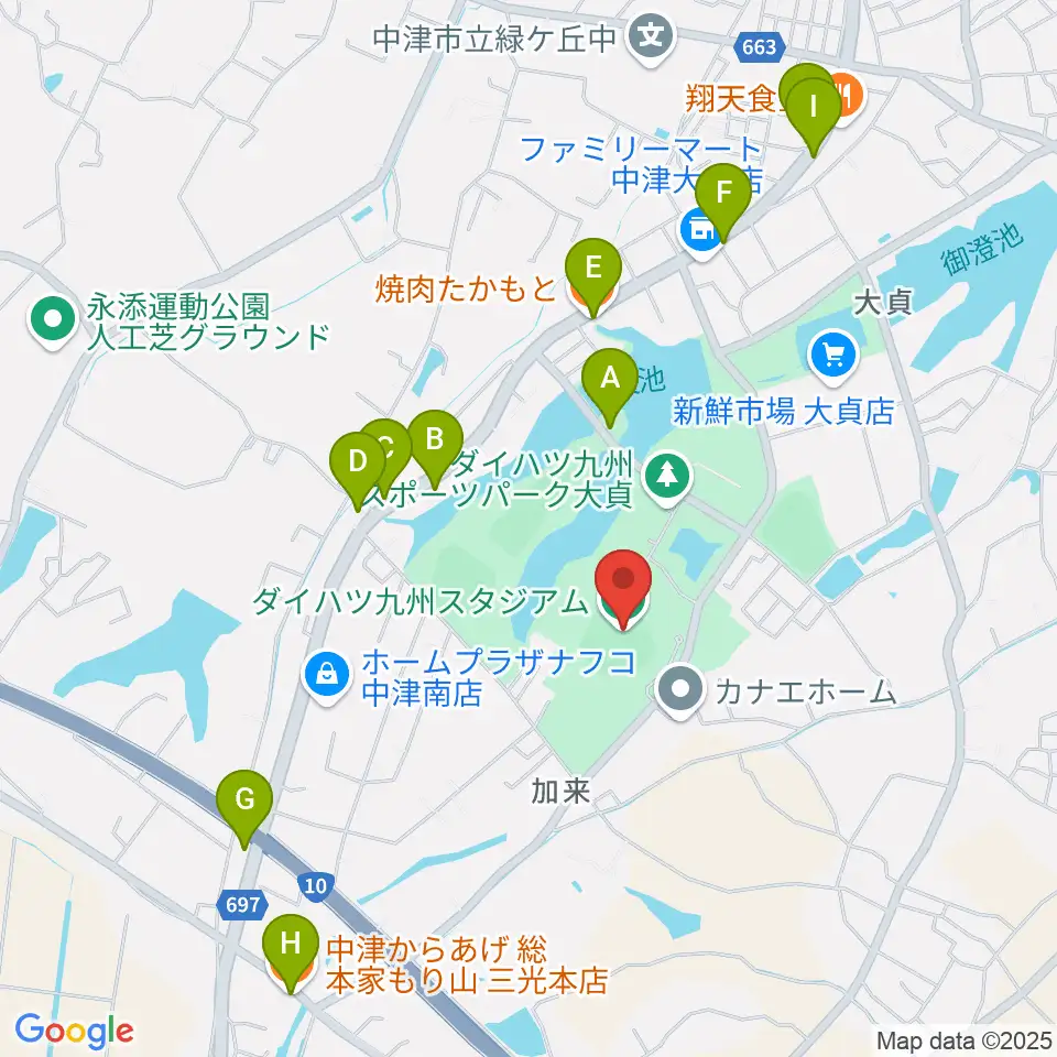 ダイハツ九州スタジアム周辺のファミレス・ファーストフード一覧地図