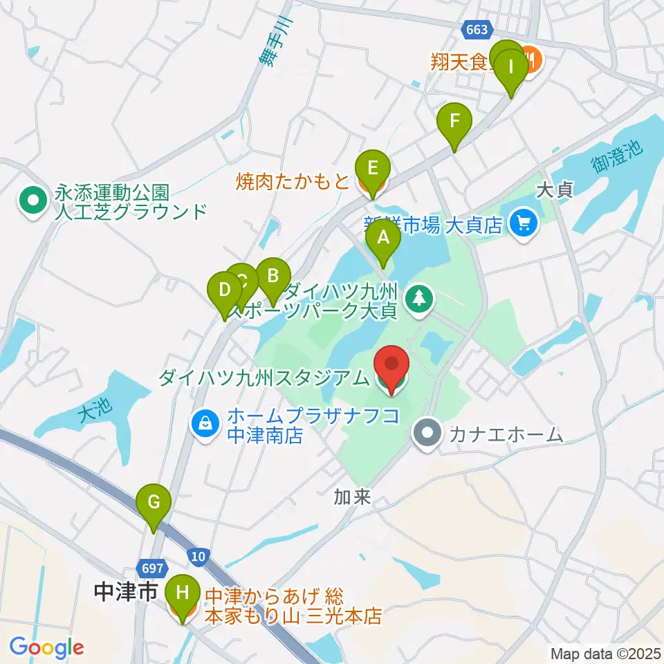 ダイハツ九州スタジアム周辺のファミレス・ファーストフード一覧地図