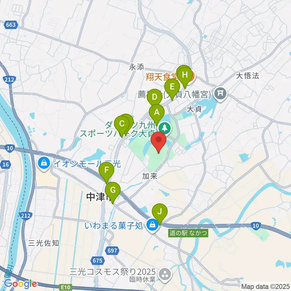 ダイハツ九州スタジアム周辺のファミレス・ファーストフード一覧地図